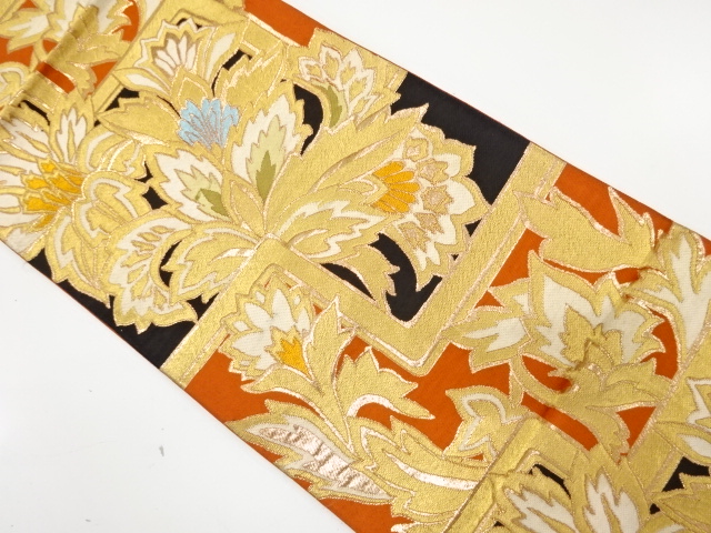 JAPANESE KIMONO / ANTIQUE FUKURO OBI / WOVEN GEOMETRIC & FLOWER